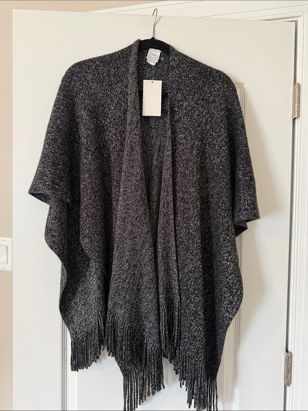 Cozy Open-Front Fringe Poncho - Black with Silver Thread